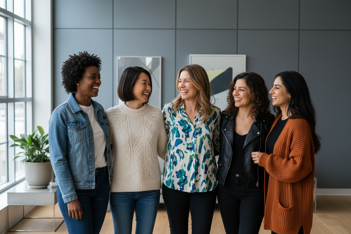 make the group more diverse, and make the background still cool steel grey but use a realistic setting indoors